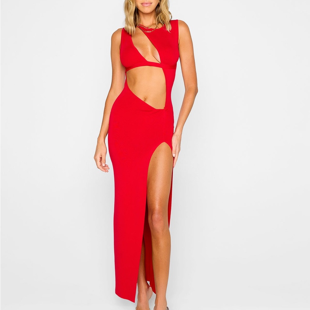 Sleeveless Red Cutout Maxi Dress with High Slit